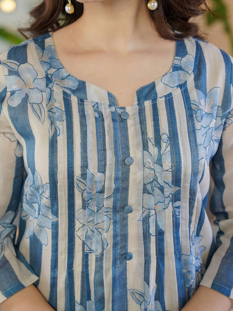 Floral Printed Round Neck A-Line Pure Cotton Kurta With Trousers