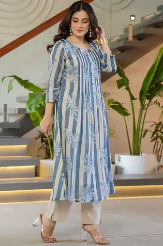 Floral Printed Round Neck A-Line Pure Cotton Kurta With Trousers