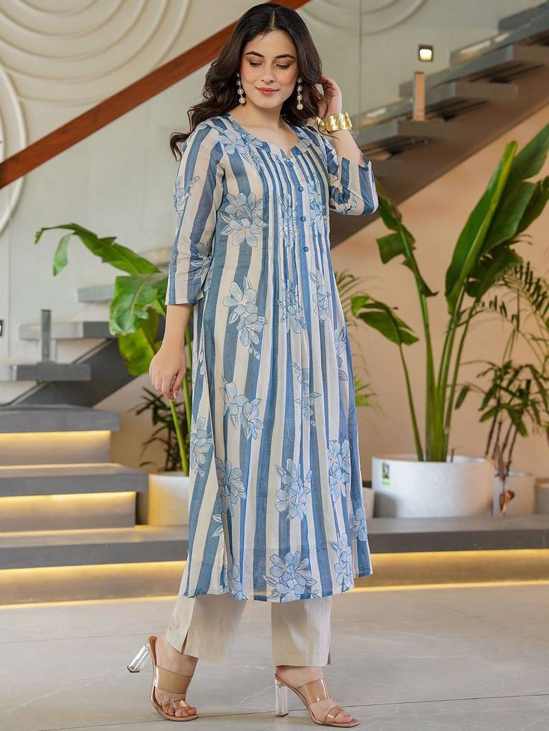 Floral Printed Round Neck A-Line Pure Cotton Kurta With Trousers