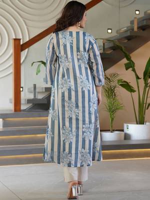 Floral Printed Round Neck A-Line Pure Cotton Kurta With Trousers 5