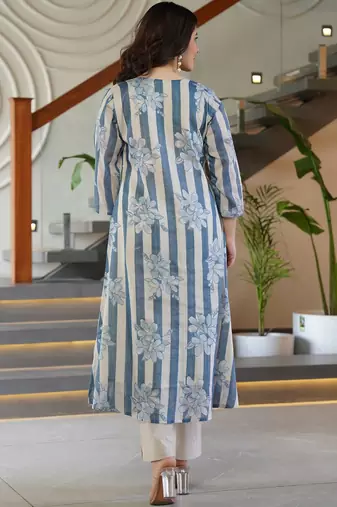 Floral Printed Round Neck A-Line Pure Cotton Kurta With Trousers