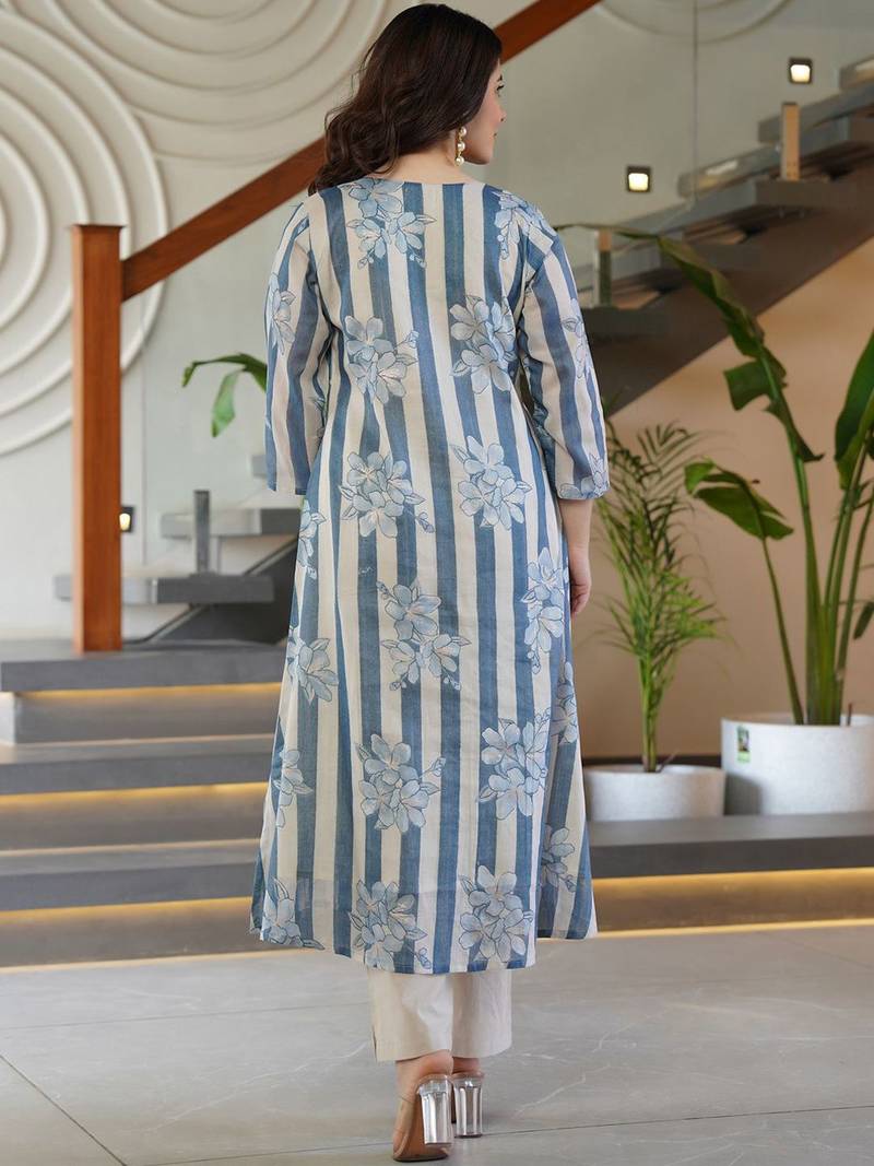 Floral Printed Round Neck A-Line Pure Cotton Kurta With Trousers