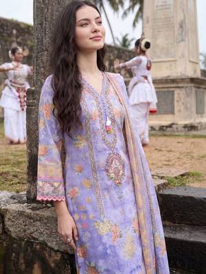 Women Floral Printed Regular Thread Work Linen Kurta with Trousers & With Dupatta 2