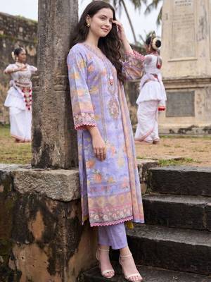 Women Floral Printed Regular Thread Work Linen Kurta with Trousers & With Dupatta 1