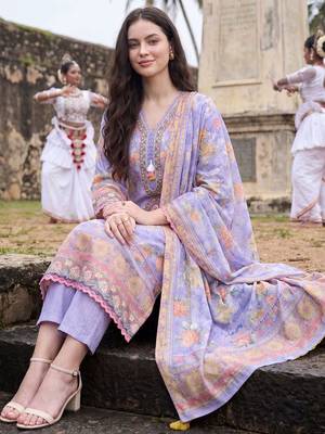 Women Floral Printed Regular Thread Work Linen Kurta with Trousers & With Dupatta 5
