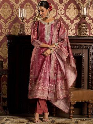 Floral Zari Embroidered Straight Kurta with Trouser & Dupatta 1