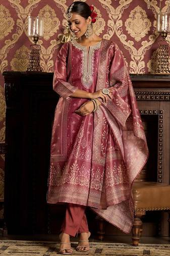 Floral Zari Embroidered Straight Kurta with Trouser & Dupatta