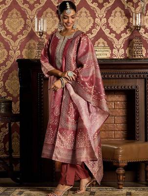 Floral Zari Embroidered Straight Kurta with Trouser & Dupatta 4