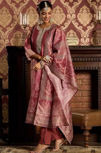Floral Zari Embroidered Straight Kurta with Trouser & Dupatta