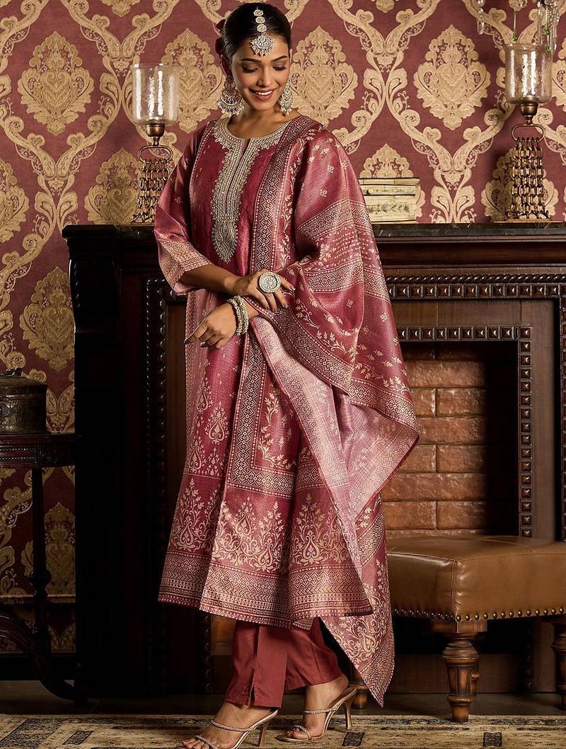 Floral Zari Embroidered Straight Kurta with Trouser & Dupatta