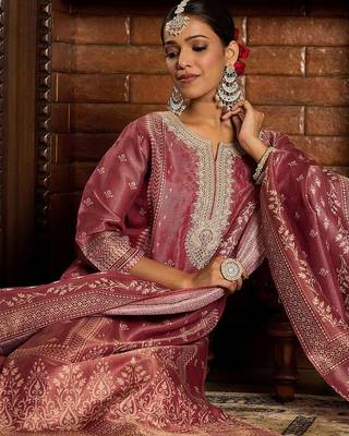 Floral Zari Embroidered Straight Kurta with Trouser & Dupatta 6