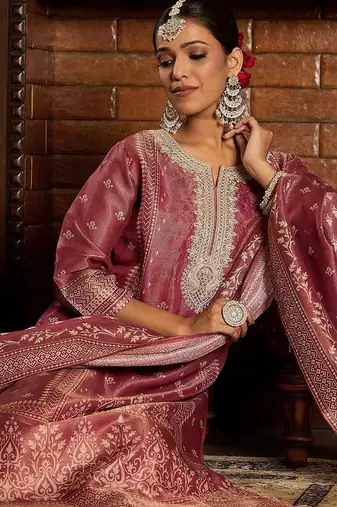 Floral Zari Embroidered Straight Kurta with Trouser & Dupatta