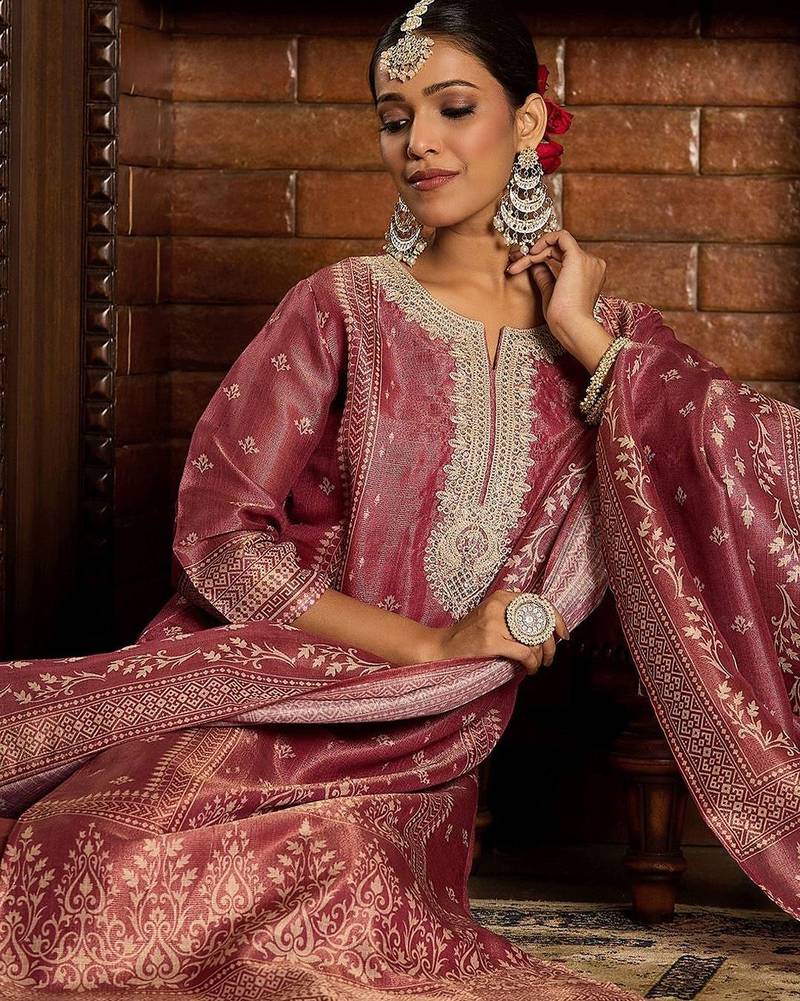 Floral Zari Embroidered Straight Kurta with Trouser & Dupatta