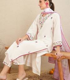 Floral Embroidered Thread Work  Cotton Straight Kurta With Trousers & Dupatta