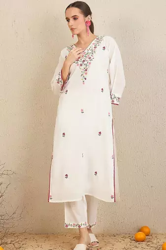 Floral Embroidered Thread Work  Cotton Straight Kurta With Trousers & Dupatta