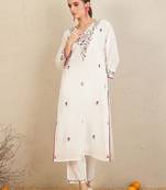 Floral Embroidered Thread Work  Cotton Straight Kurta With Trousers & Dupatta