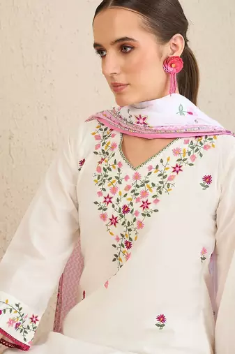 Floral Embroidered Thread Work  Cotton Straight Kurta With Trousers & Dupatta