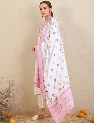 Floral Embroidered Thread Work  Cotton Straight Kurta With Trousers & Dupatta 5