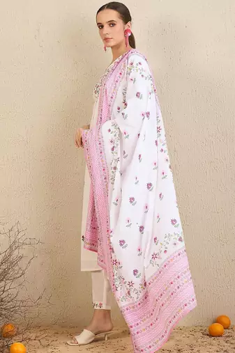 Floral Embroidered Thread Work  Cotton Straight Kurta With Trousers & Dupatta