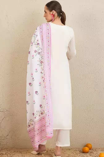 Floral Embroidered Thread Work  Cotton Straight Kurta With Trousers & Dupatta