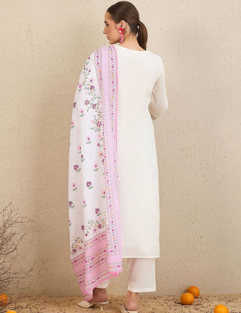 Floral Embroidered Thread Work  Cotton Straight Kurta With Trousers & Dupatta