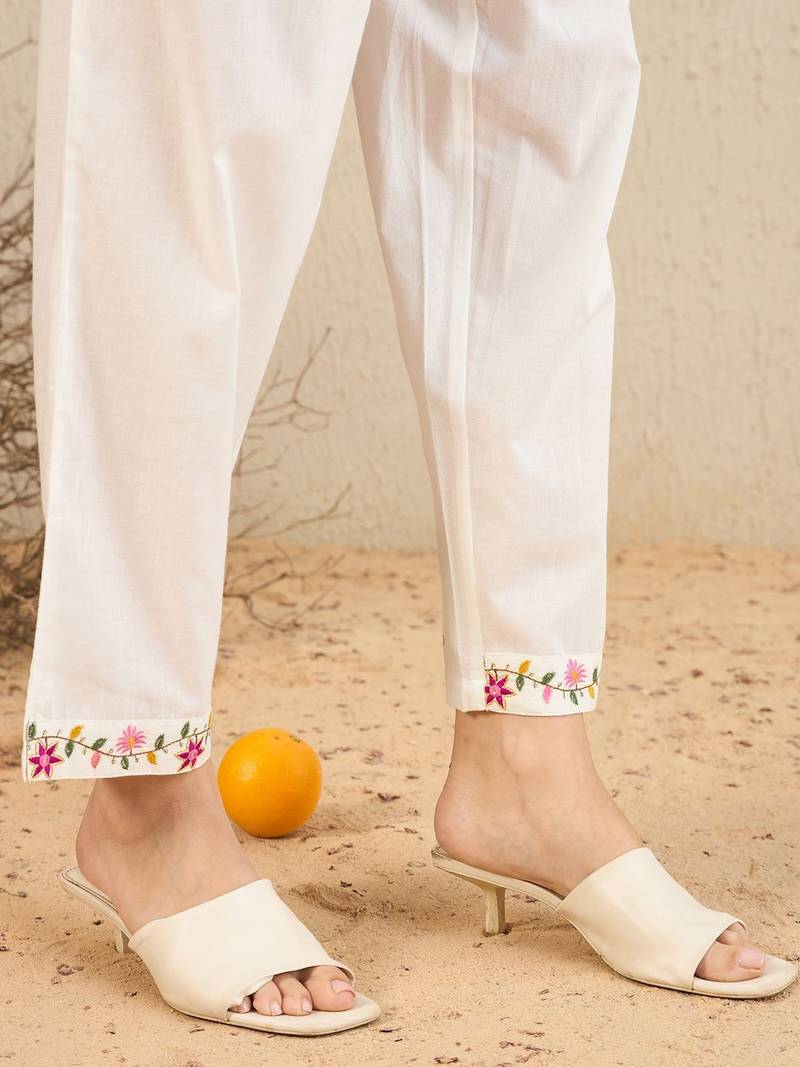 Floral Embroidered Thread Work  Cotton Straight Kurta With Trousers & Dupatta