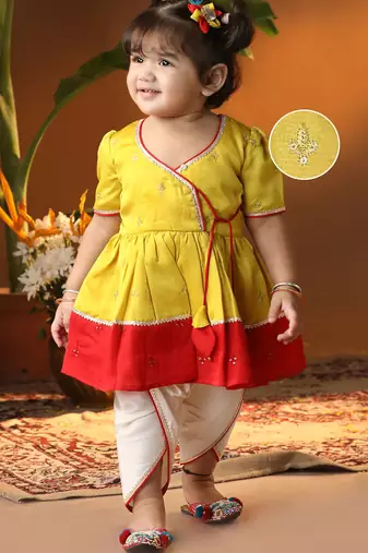 Girls' yellow and cream dhoti kurta set