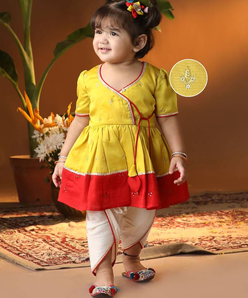 Girls' yellow and cream dhoti kurta set