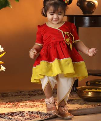 Girls' red and cream dhoti kurta set 1
