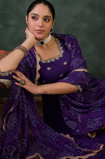 Embroidered Square Neck Anarkali Kurta With Trousers And Dupatta