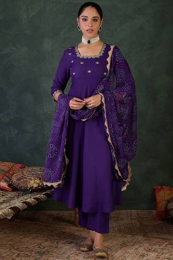 Embroidered Square Neck Anarkali Kurta With Trousers And Dupatta