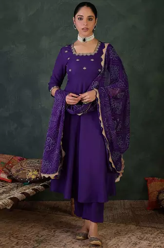 Embroidered Square Neck Anarkali Kurta With Trousers And Dupatta