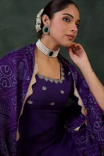 Embroidered Square Neck Anarkali Kurta With Trousers And Dupatta