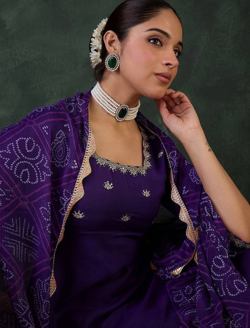 Embroidered Square Neck Anarkali Kurta With Trousers And Dupatta
