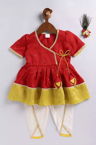 Girls' red and cream dhoti kurta set