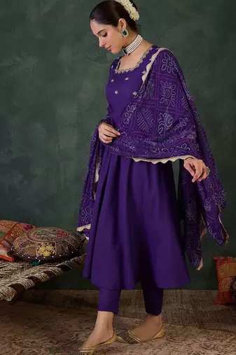 Embroidered Square Neck Anarkali Kurta With Trousers And Dupatta