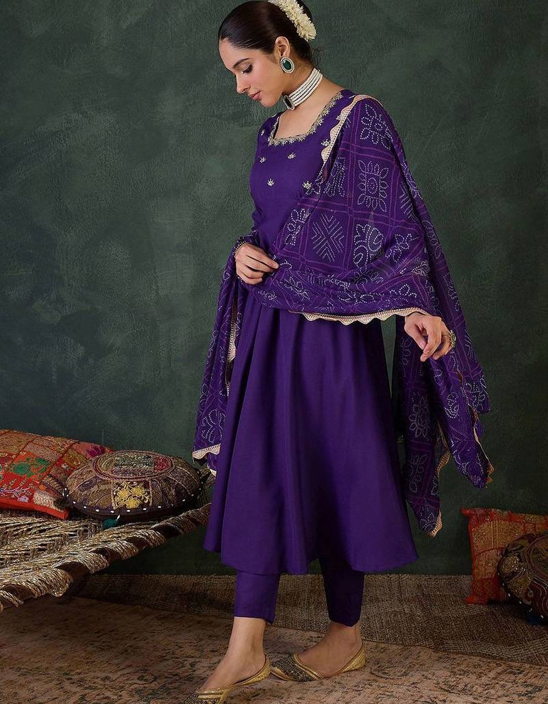 Embroidered Square Neck Anarkali Kurta With Trousers And Dupatta