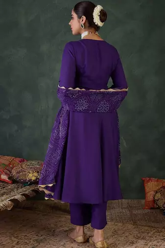 Embroidered Square Neck Anarkali Kurta With Trousers And Dupatta