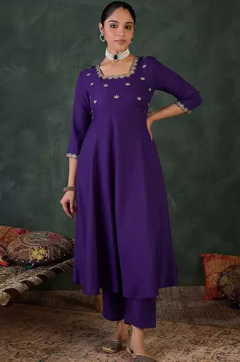 Embroidered Square Neck Anarkali Kurta With Trousers And Dupatta