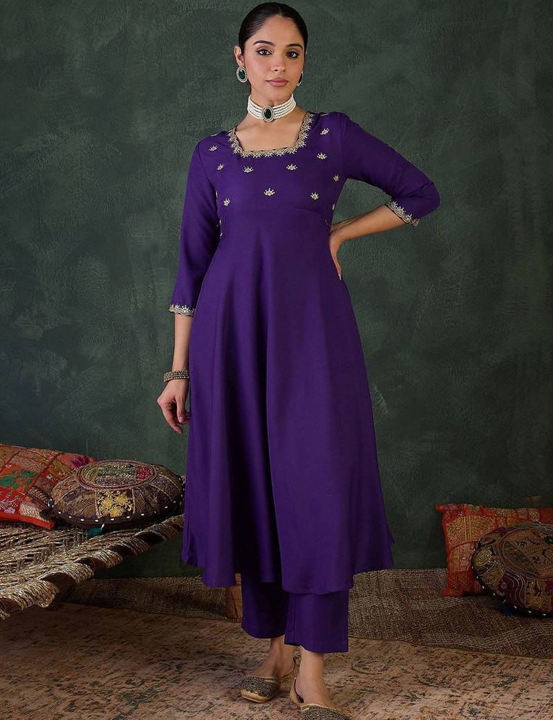 Embroidered Square Neck Anarkali Kurta With Trousers And Dupatta