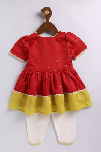 Girls' red and cream dhoti kurta set