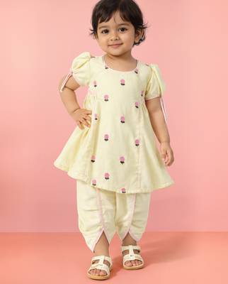 Cotton blend kurta dhoti set for girls | cream yellow | embroidered | festive wear 1