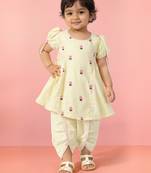 Cotton blend kurta dhoti set for girls | cream yellow | embroidered | festive wear