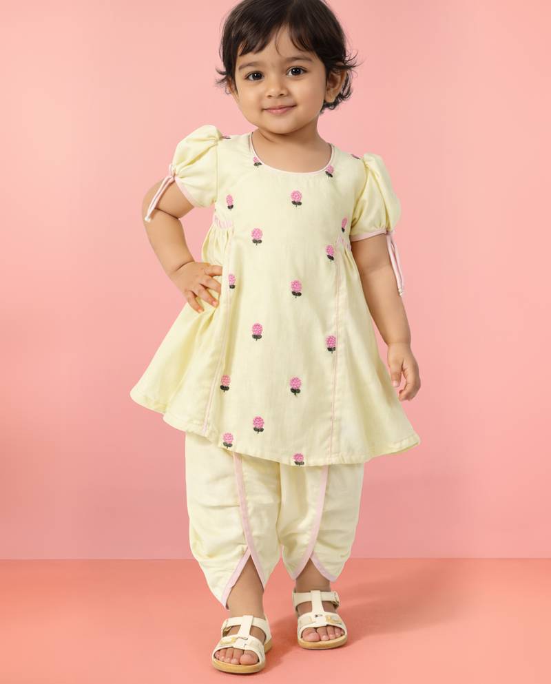 Cotton blend kurta dhoti set for girls | cream yellow | embroidered | festive wear