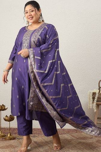 Plus Size Embroidered Regular Kurta with Trousers & With Dupatta