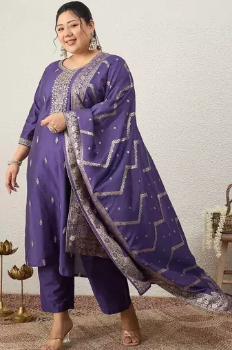 Plus Size Embroidered Regular Kurta with Trousers & With Dupatta
