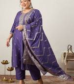Plus Size Embroidered Regular Kurta with Trousers & With Dupatta