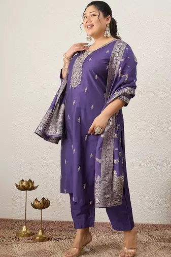 Plus Size Embroidered Regular Kurta with Trousers & With Dupatta