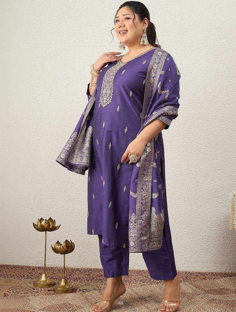 Plus Size Embroidered Regular Kurta with Trousers & With Dupatta