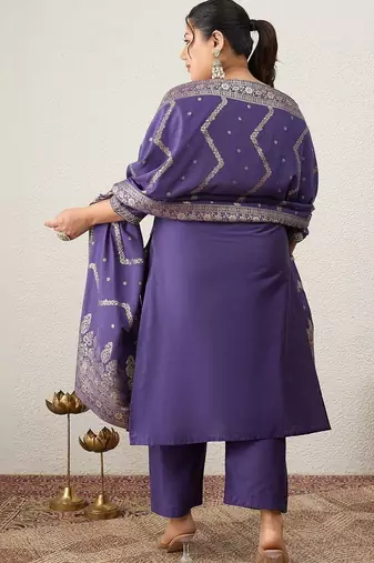 Plus Size Embroidered Regular Kurta with Trousers & With Dupatta
